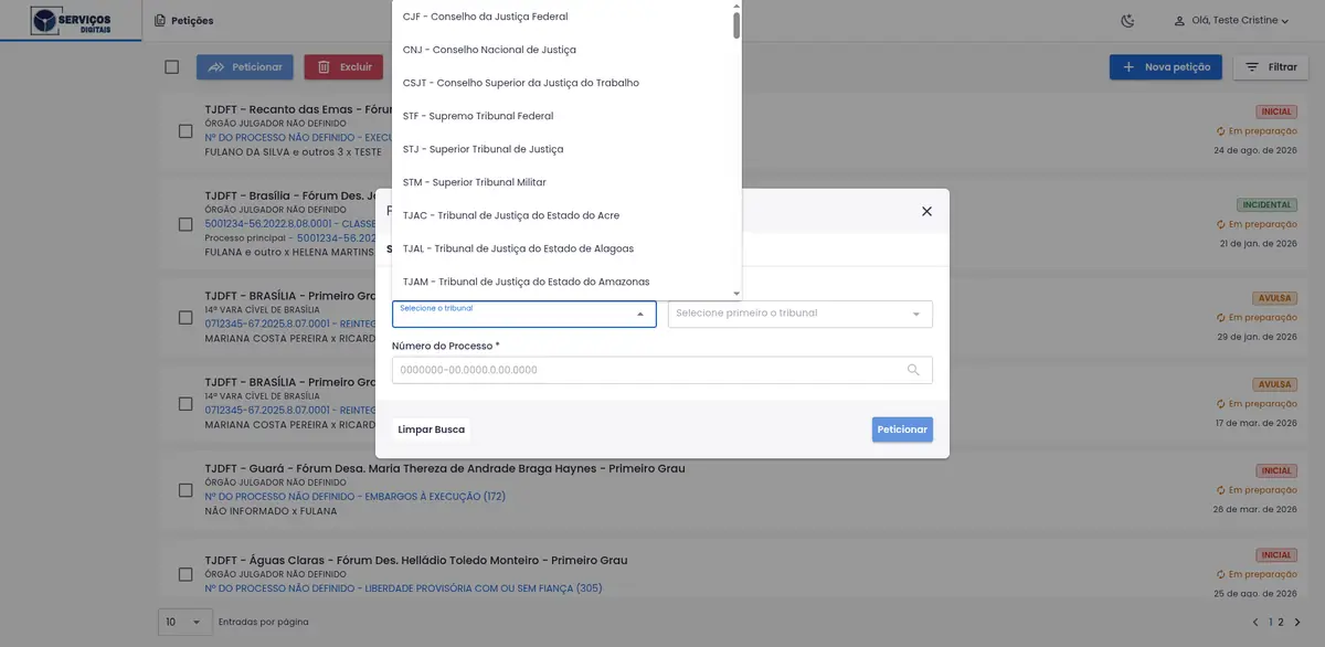 Lista de tribunais disponíveis para peticionamento no JUD360, incluindo STF, STJ, STM, CNJ, CJF, CSJT e tribunais de justiça estaduais