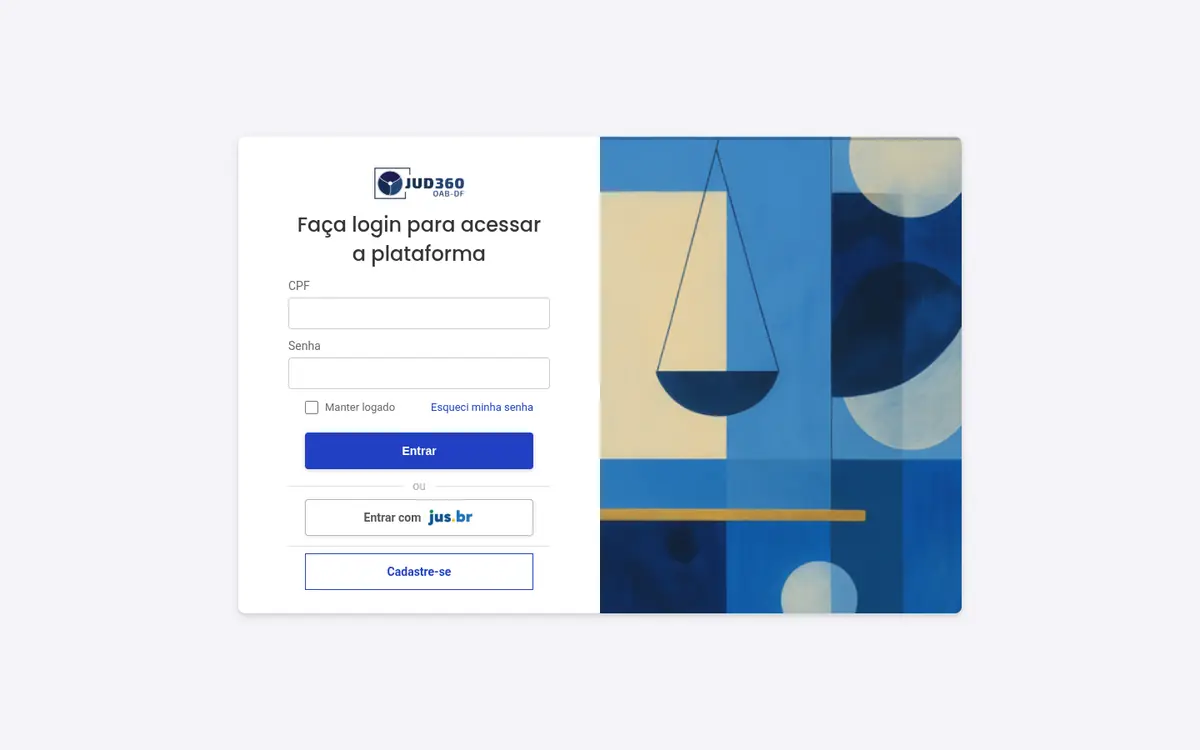 Tela de acesso ao portal JUD360, com entrada por CPF e a opção de entrar com a conta Jus.br